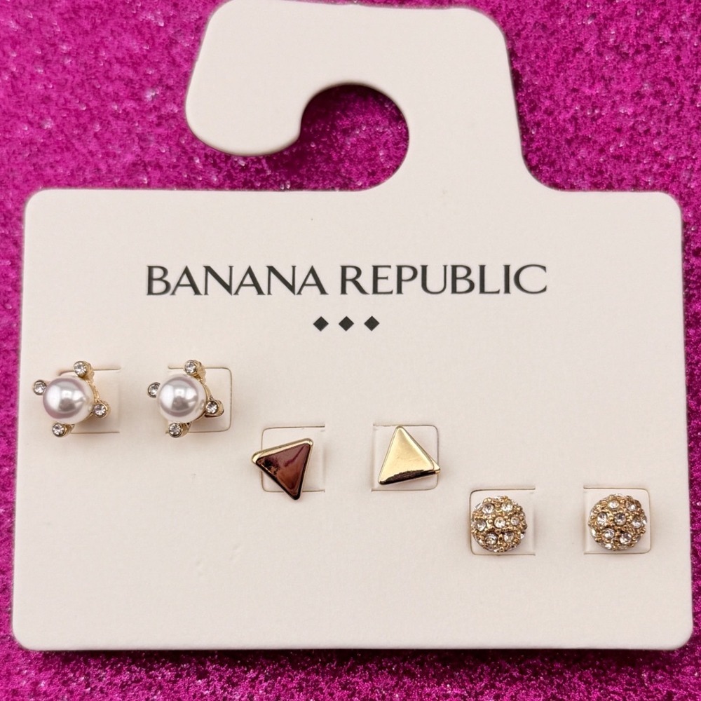 Banana Republic Stud Earring Set 3 Pairs Gold Tone Pearl Triangle Pave Crystal